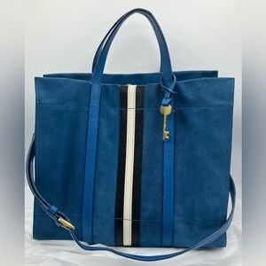 fOSSIL Carmen Blue Suede Tote with Striking Stripe rare